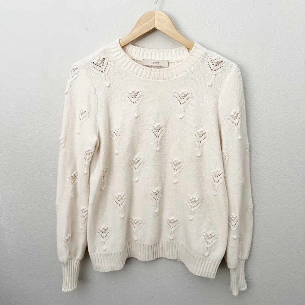 A.T. LOFT | Women's Bobble Pointelle Sweater Ivory Cream Blouson Sleeve | Large - Picture 4 of 10